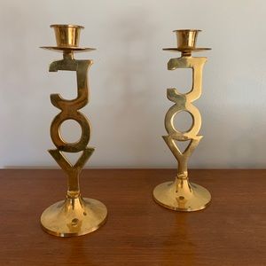 Set of 2 Solid Brass “JOY” Candlestick Holders